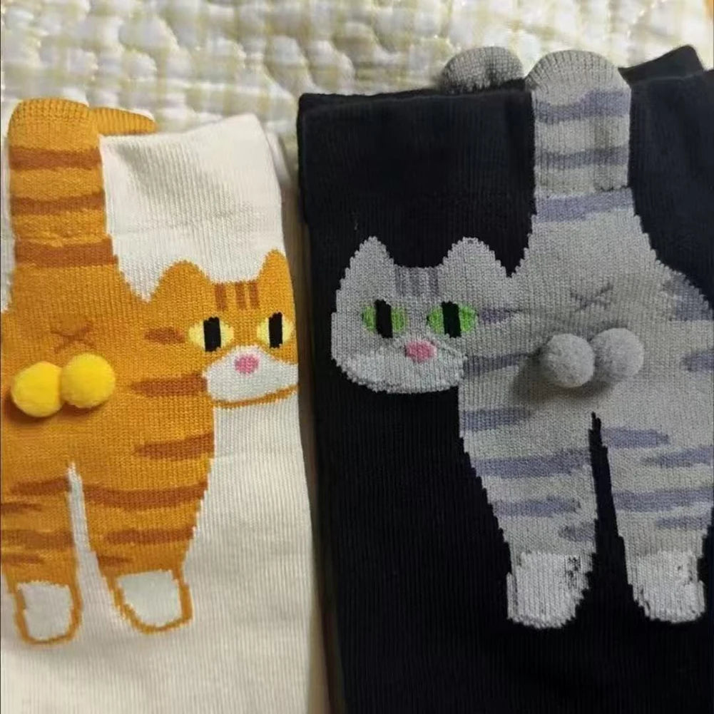 2Pcs Funny Cotton Socks Breathable Cartoon Animal Socks Cat Middle Tube Socks Novelty Gifts for Cat Lovers