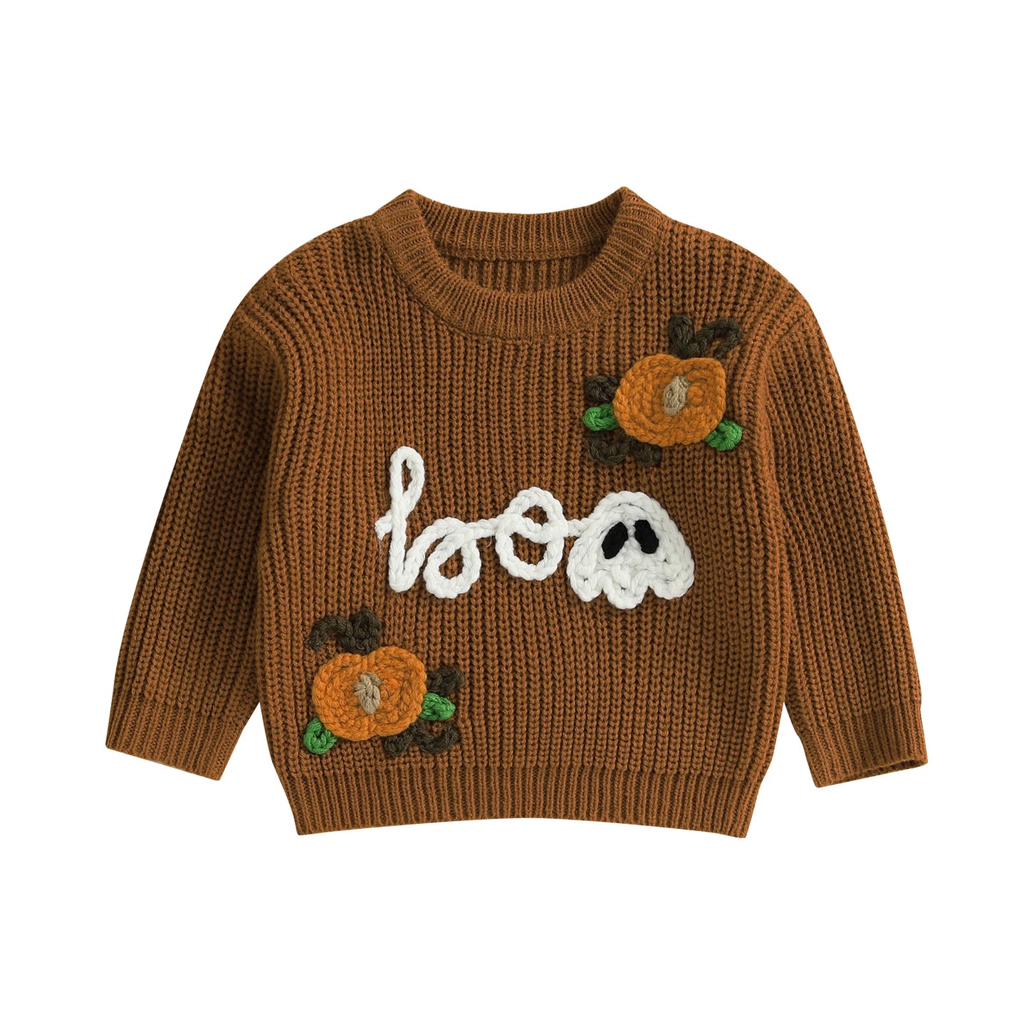Kids Halloween Sweater with Spooky Pumpkin Embroidery and Cozy Crew Neck - Long Sleeve Knitwear Pullover for Boys and Girls