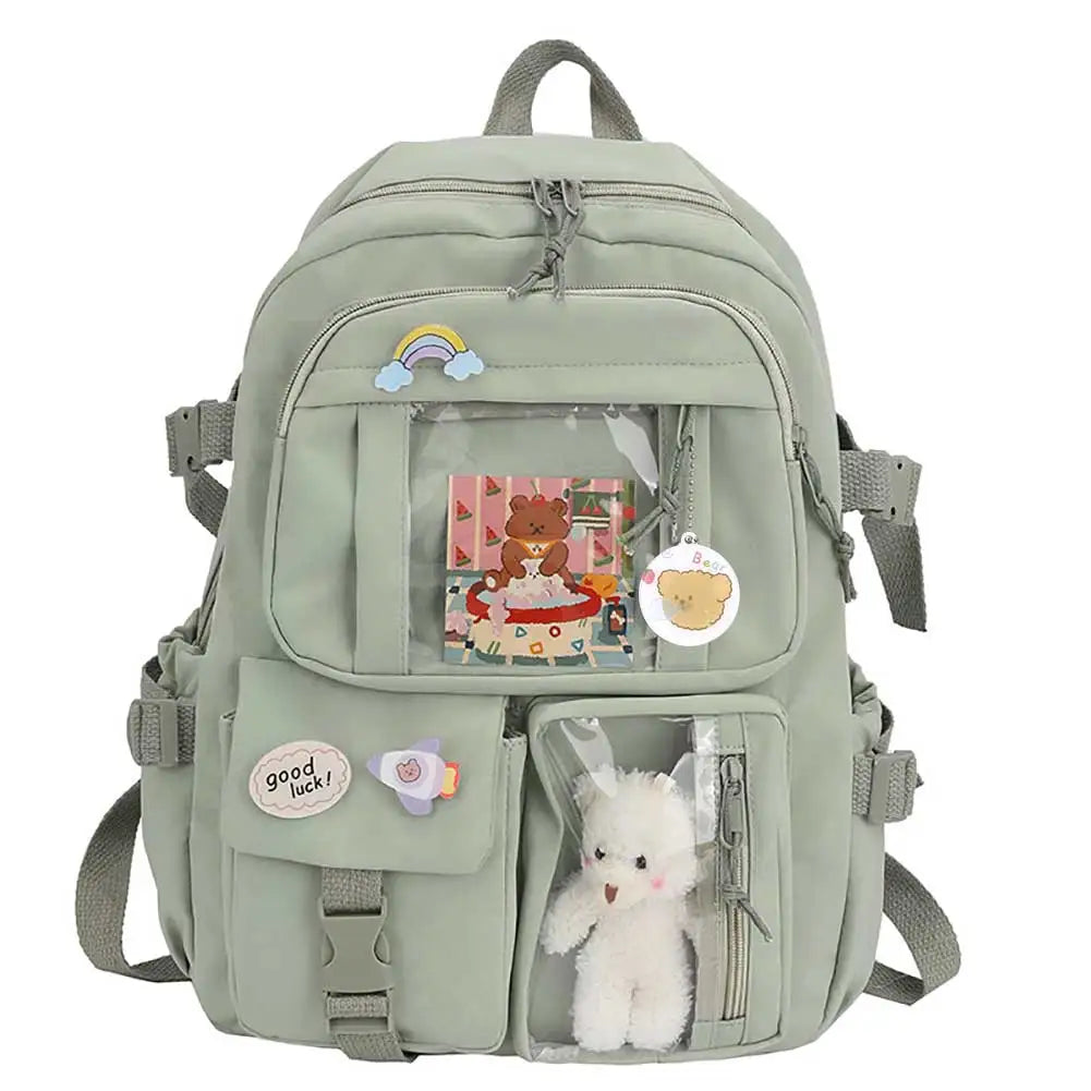 Sports Knapsack Fashion College Student Rucksack with Plush Pendant Pin Cute Kawaii Large Capacity Japanese Style for Teen Girls
